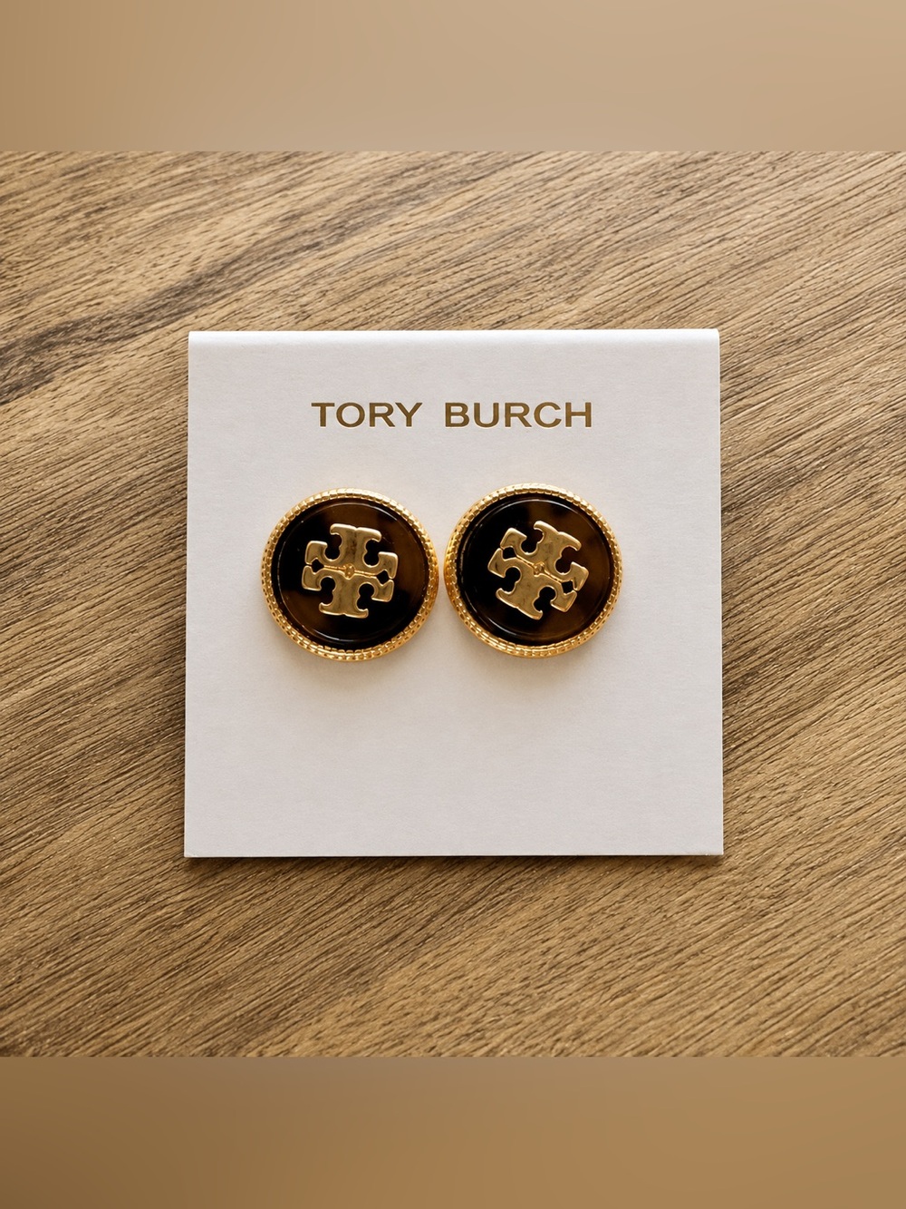 Tory Burch Gold and Tortoiseshell Round Logo Cufflinks - Picture 2 of 3